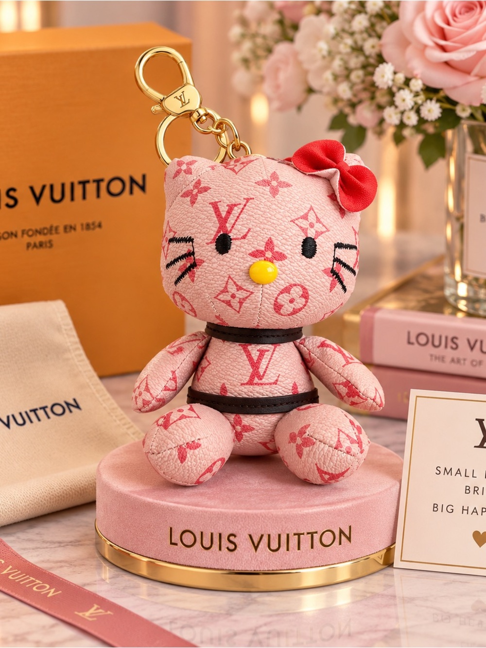 Pink Monogram Hello Kitty Key Charm with Red Bow and Gold Hardware